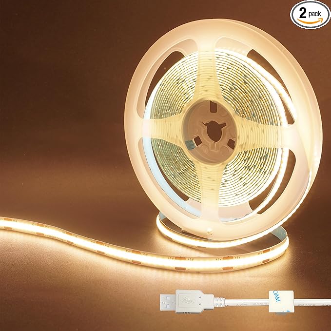 5V USB COB LED Strip Lights 2PCS,6.56FT/2M,Warm White 3000K,320LEDs/M,8mm Width,Not Waterproof IP20,1M USB Cable,Flexible LED Tape Light for DIY Home Indoor Decoration