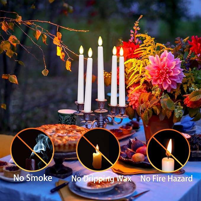 Flameless Taper Candles Flickering with Remote Timer, 4PCS Battery Operated Window Candles with Gold Candlesticks and Suction Cups, 8 Inch Warm White 3D Flame Candle for Home, Xmas Decor(White)
