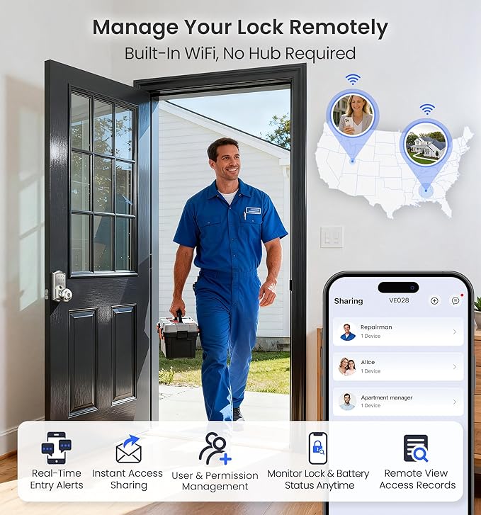 Veise VE028 Built-in Wi-Fi Smart Lock with Knob, Fingerprint Keyless Entry with Handle, App Remote & Voice Control, Electronic Digital Keypad for Front Door and Bedroom, IP65 Waterproof, Satin Nickel