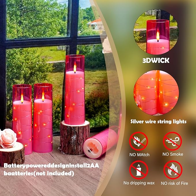 Flameless Candles with Embedded Star String - Battery Operated LED Candles, with Remote,12 Pink Flickering Candles for Christmas, Weddings, Home Decor & Party,(D 2.3"×H 5" 6" 7")