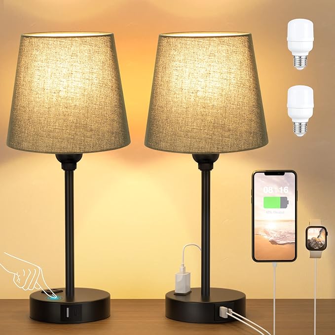 Acaxin Black Lamp for bedrooms Set of 2 - Nightstand Bedroom Lamp with USB C Port and AC Outlet Charging, 3 Way Dimmable Touch Control Bed Side Table Lamp, Small Night Stand Light for Men/Kids