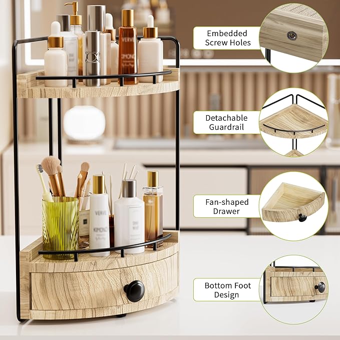 2-Tier Corner Bathroom Countertop Organizer with Drawer, Wooden Vanity Organizers for Makeup and Skincare Storage, Corner Counter Shelf with Embedded Screw Holes, Light Brown