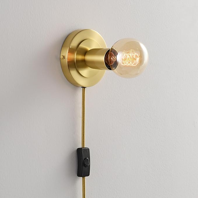BRIGHTTIA Luna 1-Light Plug-in Wall Sconce - Mid Century Modern Minimalist Bedroom Home Office Lighting - Portable Wall Lamp for Apartments & Small Spaces with No J-Box - Brushed Gold (BW0026-1GP)