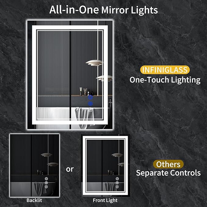 38"x26" LED Bathroom Mirror with Anti-Fog, Stepless Dimmable Lights, 3 Color Modes, Shatter-Proof Tempered Glass,Waterproof Design