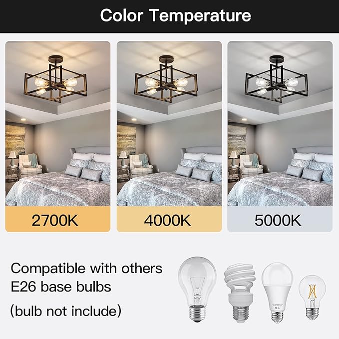 ZGLAOJT 4-Lights Close to Ceiling Light，Black Light Fixture Industrial Flush Mount Ceiling Light ，Farmhouse Chandelier Lighting for Kitchen Island Dining Room Bedroom Foyer Hallway