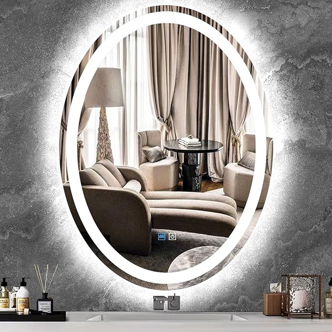 30 x 20 Inch Oval Vanity Mirror with Lights 3 Color Dimmable Memory Front Back Lights Oval LED Lighted Mirror for Bathroom Makeup Wall Mounted 30" Ovals Smart Light up Mirrors Anti Fog Modern