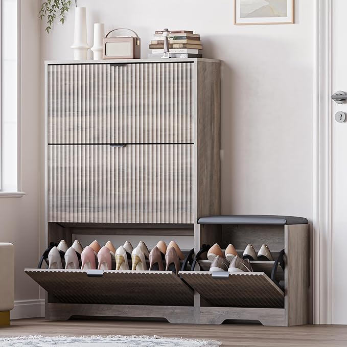 Slim Shoe Cabinet with Bench for Entryway, Hidden Storage and Adjustable Shelves, Free Standing Wooden Shoes Organizer for Hallway, Foyer