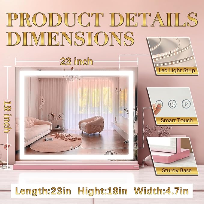 ROLOVE 23"x 18" Pink Vanity Mirror with Lights, Large Lighted Makeup Mirror with 10X Magnifier, 3 Color Lighting & Stepless Dimming, Wall Mounted or Tabletop Desk Mirror for Teen Girls