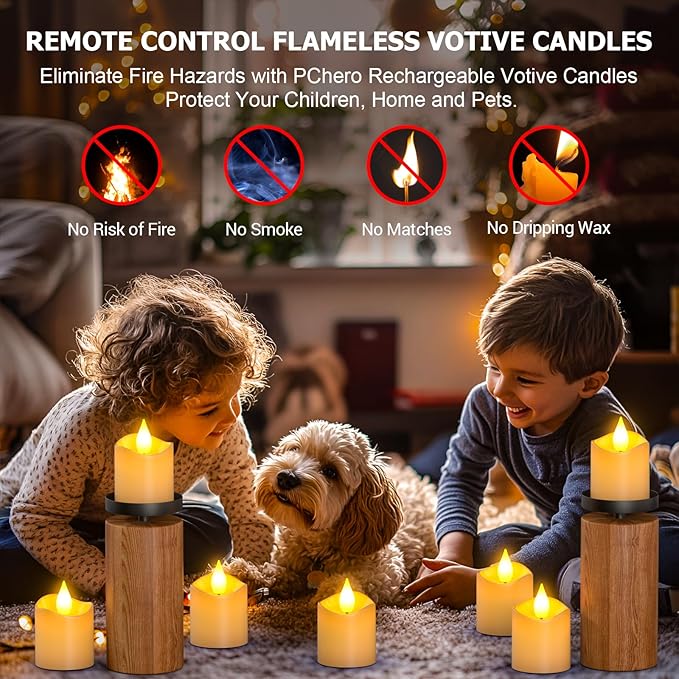 PChero Rechargeable Flameless Tea Lights Candles with Remote Timer, 12 PCS Flickering Electric Fake LED Votive Candles with 2 USB Charging Cables for Wedding Christmas Fall Home Decor