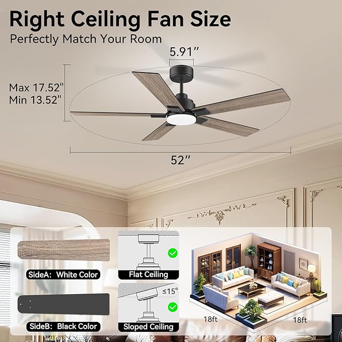 52 Inch Ceiling Fans with Lights,Smart Ceiling Fan with Light and Remote Control,Alexa,APP,WIFI,Black Indoor Outdoor Ceiling Fans for Bedroom,Patio,Porch,5 Blades,Dimmable LED,6 Speed,Quiet DC Motor