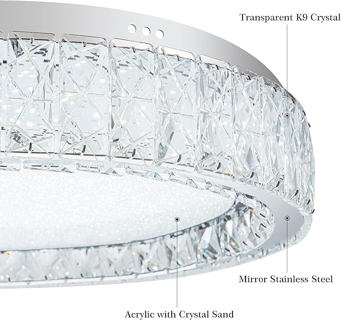 Krychiler 13.8" Bright Crystal Flush Mount Ceiling Lights, Dimmable LED Modern Close to Ceiling Lighting Fixture, Chrome Hallway Round Chandelier for Bedroom Kitchen Bathroom Closet Foyer Dining Room