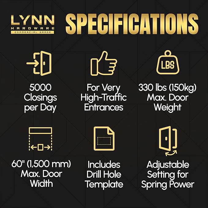 LYNN HARDWARE Extra Heavy Duty Automatic Door Closer (Silver) - Commercial Grade, Contractors Choice, Adjustable Speed, Delayed Closing Timer, 3 Mounting Options, 3 Hour Fire Rated (DC9016 Model)