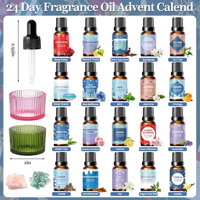 MOVINPE Essential Oils Advent Calendar for Women Adults, 24 Days of Aromatherapy Gift Set with Diffuser Stone & Glass Tealight Holders Dropper, Christmas Countdown Gifts for Moms, Wife, Girlfriend, Sister