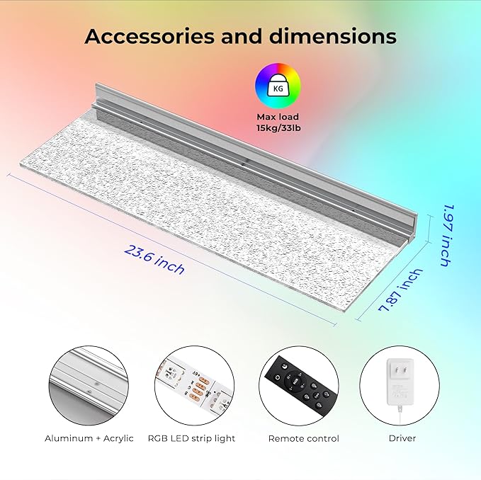 VST Modern Acrylic LED Wall-Mounted Bar Shelves, 3-Pack RGB Backlit Floating Liquor & Wine Display with Aluminum Profile Frame | APP/Voice Control Mood Lighting for Home Bar & Game Room