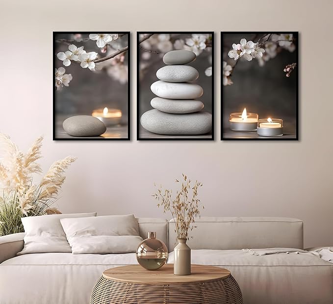 ZHJIOFXG 3 Piece Zen Canvas Wall Art Stacked Stones Cherry Blossom Candle Spa Wall Decor Calming Minimalist Neutral Poster Print Art for Bathroom Bedroom Yoga Room Office Living Room 16x24in Unframed