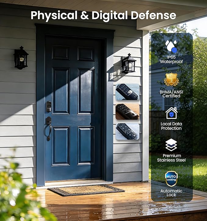 Veise VE027 Built-in Wi-Fi Smart Lock, Fingerprint Keyless Entry Front Door Lock, App Remote & Voice Control, No Hub Needed, Touchscreen Keypad Deadbolt, IP65 Waterproof, BHMA Grade 3, Matte Black