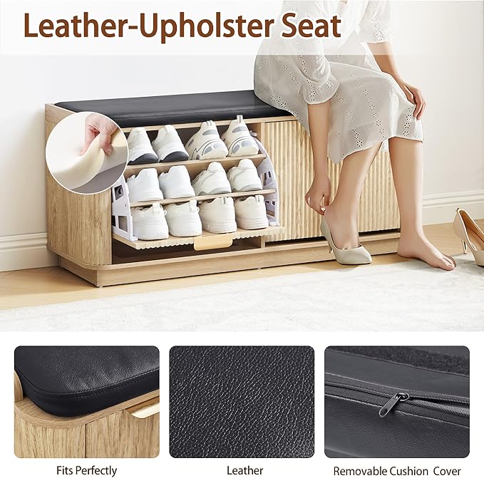 43.3''W Fluted Shoe Rack Bench with 2 Flip Drawers, Entry Bench Seat with 3-Tier Shoe Storage and Leather Cushion, Shoe Organizer Bench for Entryway, End of Bed, Living Room - Natural