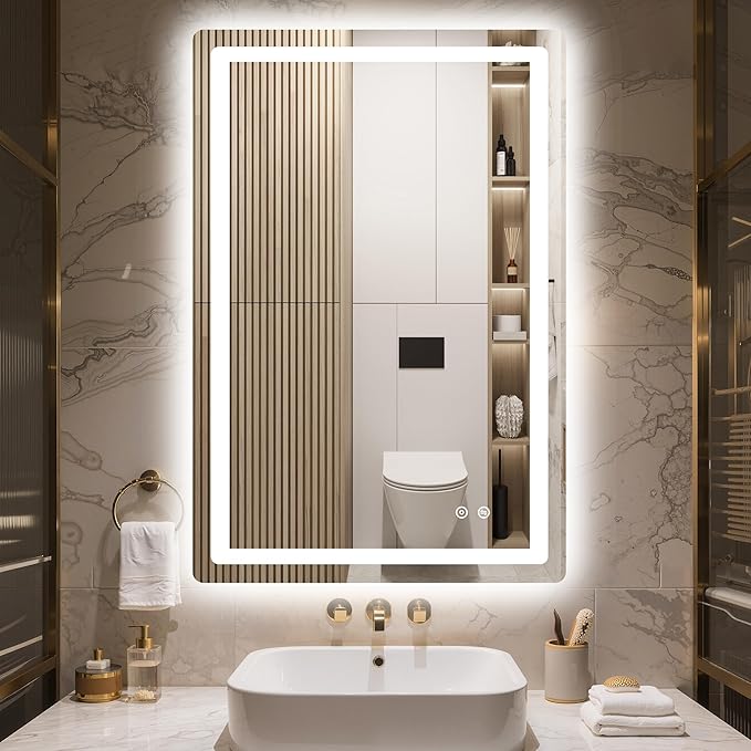 Delma LED Bathroom Mirror with Lights, 36x24 Vanity Mirror for Bathroom Wall, Anti-Fog, Dimmable, Front Lit & Backlit, Memory Function, Shatterproof Tempered Glass, 3 Color Modes(Horizontal/Vertical)