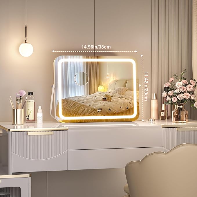 Hasipu Vanity Mirror with Lights, 15" x 11" LED Makeup Mirror, 3 Modes Light, Smart Touch Control Dimmable, 360°Rotation, Rectangle White Frame, with 5X Magnifying Glass