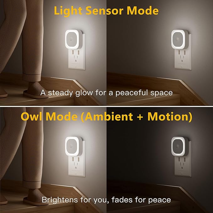 2 Pack Plug in Night Light with Motion Sensor & Dusk to Dawn Sensor, 3 Sensor Modes, Night Lights Plug into Wall, Auto ON/Off, Dimmable Nightlight for Bathroom, Stairs, Kitchen, Cool White