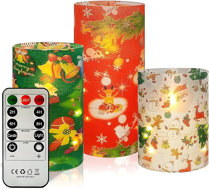 Floral Flameless Candles with String Lights - 3pcs Battery Operated Candle Flickering Christmas LED Pillar Candles with Timer Remote for Home Decor Romantic Ambiance,CH