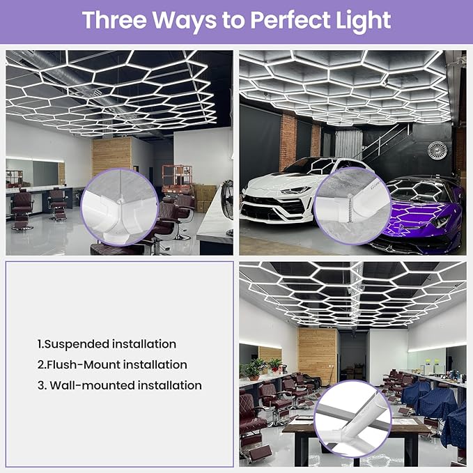 Hexagon LED Garage Light, Lightweight Super Bright 128W 5000K Garage Ceiling Light for Gym, Basement, Warehouse