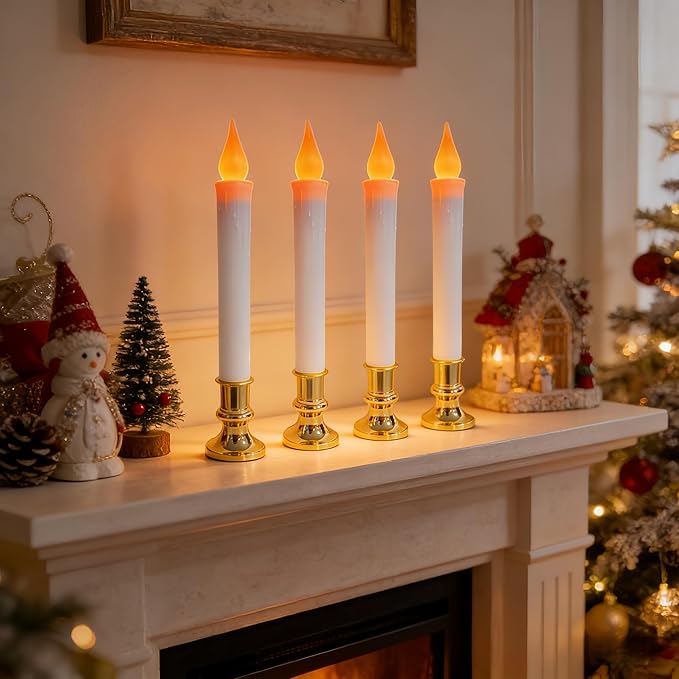 6 Pack 9" Gold Base LED Candle Lights with Dusk to Dawn Sensor, Battery Powered Flameless Candles for Indoor Table Party Decor