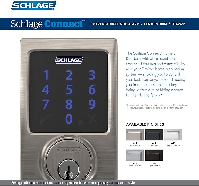SCHLAGE BE469ZP CEN 619 Connect Smart Deadbolt With Alarm Inbuilt Century Trim In Satin Nickel