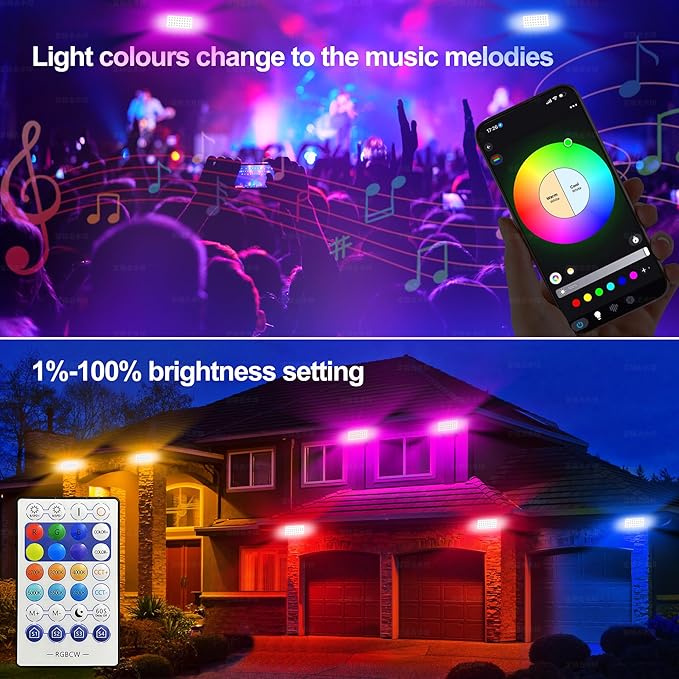 Smart Outdoor Color-Changing Flood Lights, RGBCW 360W Linkable LED Wall Washer with App & RF Control, 2700K-6500K Tunable White Dimmable, IP65 RGB Floodlight for House, Yard, Holiday Party