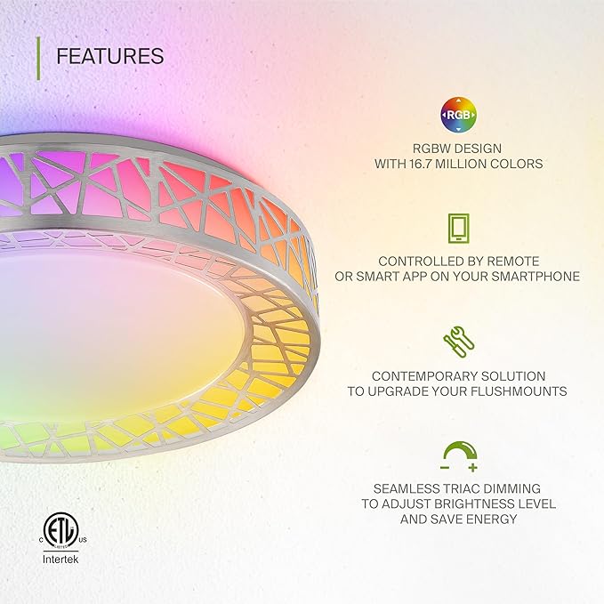 ASD 12 Inch Smart RGBW Flush Mount Ceiling Light with Remote - Brushed Nickel 20W 120V 2700-6500K Dimmable Ceiling Light Fixture, WiFi App Control RGB Lights, Alexa & Google Assistant - ETL
