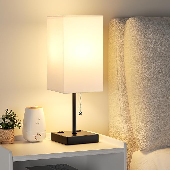 aooshine White Table Lamp for Bedside - 3 Color Temperature 3000K 5000K 4000K Bedroom Lamp, Pull Chain Control, USB A and C Ports, AC Outlets, Bulb Included, Medium