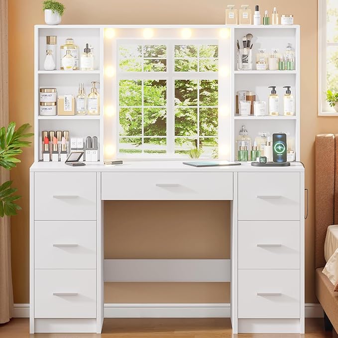 Vanity Desk with Mirror and LED Lights, Large Vanity with 7 Drawers and 6 Shelves, Makeup Vanity Dressing Table with Charging Station for Girls, Women (White)
