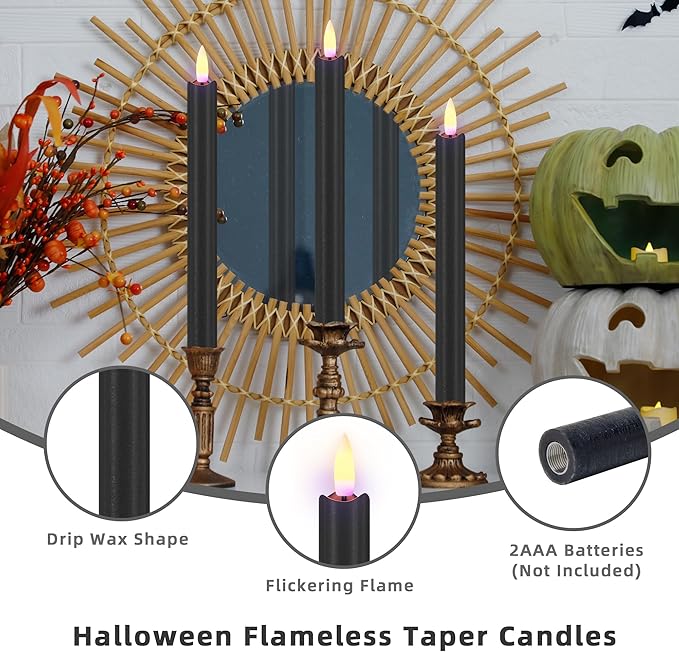 SHENSY Black Flameless Taper Candles, Set of 3 – 9.64" LED Candlesticks with 3D Flickering Flame, Real Wax Battery Candles with Remote and Timer – Elegant Halloween Window and Table Decor