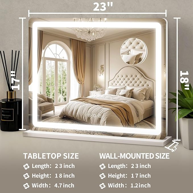 ROLOVE Vanity Mirror with Lights, 23"x18" Large Makeup Mirror with Lights, 10x Magnification, Wall Mounted LED Mirror for Bathroom, Dimmable Touch Control, Desk Mirror
