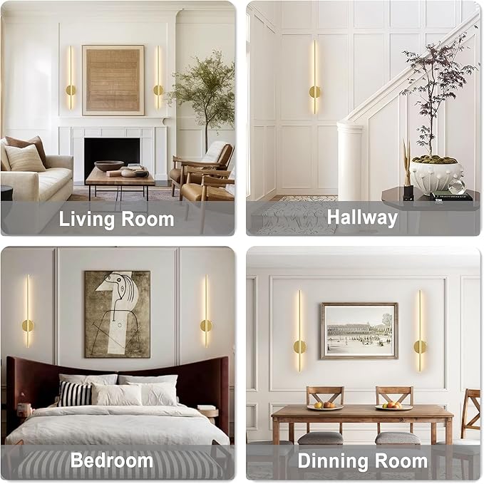 Motion Sensor Battery Operated Wall Sconce Set of Two - Modern Rechargeable Wireless Wall Lights with Remote Control, Dimmable, 3000K/4000K/6000K, Timer for Living Room, Hallway,23.6 Inch, Gold