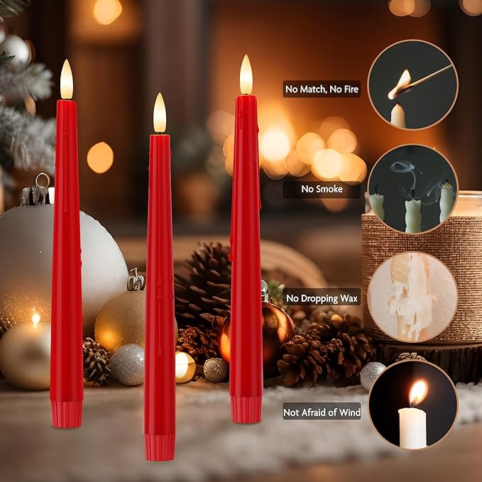 Bright Red Flameless Taper Candles 9.6" Christmas LED Candles Real Wax with Remote Timer, Battery Operated LED Candles Set with 3D Flickering Flame, Dripless Candlesticks for Home, Party, 6 Pack