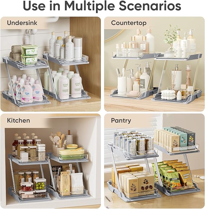 3 Pack Bathroom Organizers and Storage - Multi-Purpose,2-Tier Clear Pull Out Organization for Bathroom,Under Sink,Kitchen,Vanity,Countertop,Cabinet,Pantry & Medicine Cabinet,Grey