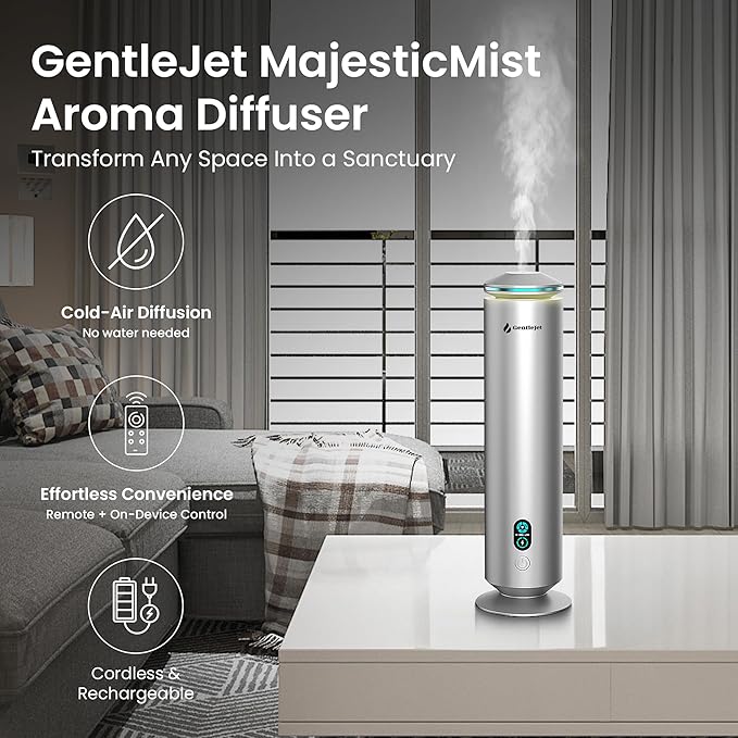 MajesticMist Waterless Essential Oil Diffuser, Rechargeable Aluminum Cold-Air Aroma Diffuser for Large Rooms up to 1000 sq ft, Wireless Charging Base, Quiet, 4 oz, Remote Control