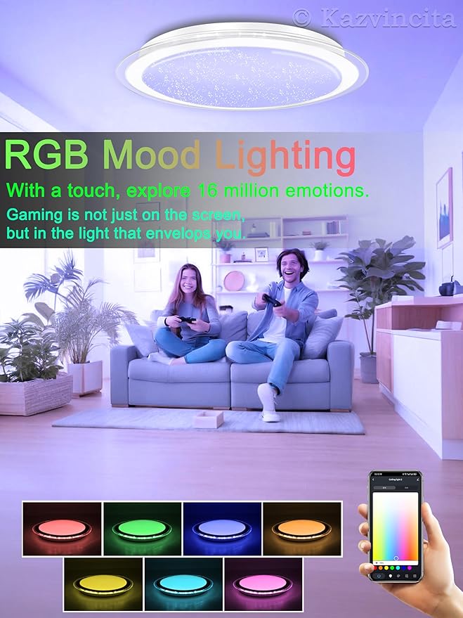 Dimmable Round LED Ceiling Light Flush Mount 17 Inch 50W Built-in Bluetooth Speaker Modern Lighting Fixtures RGB Ambient Ceiling Lamp Suitable for Bedrooms Kitchen Kids' Rooms and More