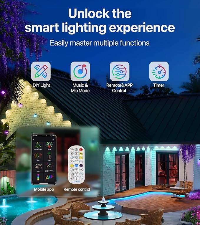 Permanent Outdoor Lights-200FT RGB+IC with Smart APP & Remote Control,120 LED Lights,72 Scene Modes, IP65 Waterproof String Lights for Christmas,Yard Decorations(Extension Cord Not Included)