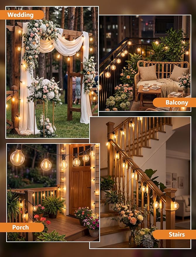 LED Outdoor String Lights, 25Ft G40 Globe Patio String Light Waterproof with 27 LED Warm White Bulbs, Hanging Outdoor Lights for Backyard Garden Porch Bistro Wedding Party Holiday Decor, Black Wire