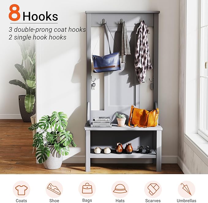 65" Farmhouse Hall Tree with Bench - 3-in-1 Entryway Organizer: Shoe Rack, Coat Hooks & Storage Shelves for Mudroom, Hallway (Gray)