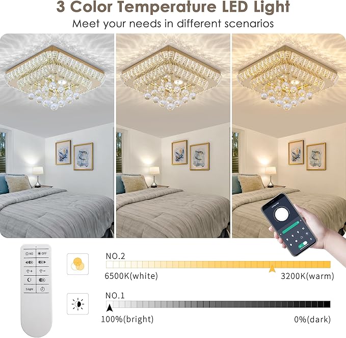 REDSTAR 18" Gold Crystal Ceiling-Light Flush Mount with Remote and APP, 3 Colors Temp & Brightness Adjustable, Modern Crystal Raindrop Chandeliers for Bedroom Hallway Dinning and Living Rooms-Square