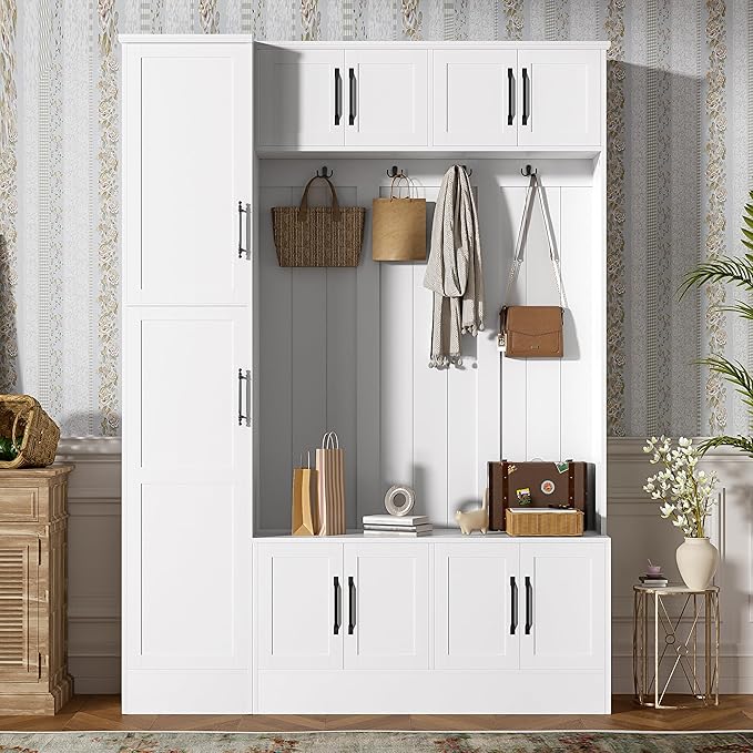 79'' Tall Modern Hall Tree with Shoe Storage and 4 Coat Hooks, 4-in-1 Entryway Bench with 6 Cabinets and Adjustable Shelf for Hallway, Living Room (White/33f)