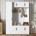 79'' Tall Modern Hall Tree with Shoe Storage and 4 Coat Hooks, 4-in-1 Entryway Bench with 6 Cabinets and Adjustable Shelf for Hallway, Living Room (White/33f)