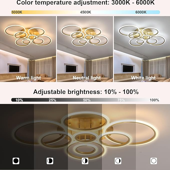 Modern LED Ceiling Light 41inch with Remote Dimmable 8 Ring Flush Mount Ceiling Light Fixture for Living Room Bedroom Kitchen Dining Room (Gold)
