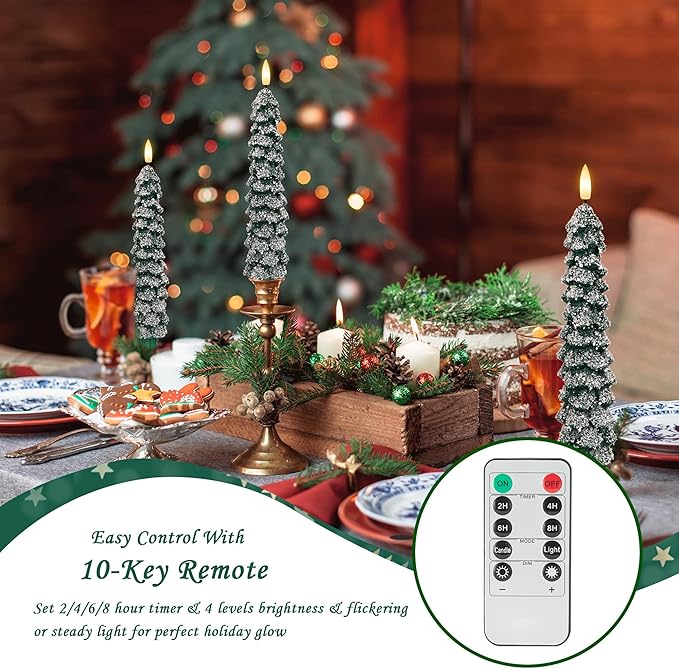 Christmas Tree Candles with Snow, 9.6" Green Real Wax Flameless Taper Candles with Remote, Flickering Xmas Candlesticks for Home, Party Decor, 4 Pack