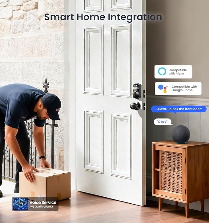 Veise VE012W-K Built-in WiFi Fingerprint Smart Lock with 2 Knobs, No Hub Needed, Remote APP Control, Keyless Entry Door Lock, Smart Deadbolt for Front Door, Auto Locking, Matte Black