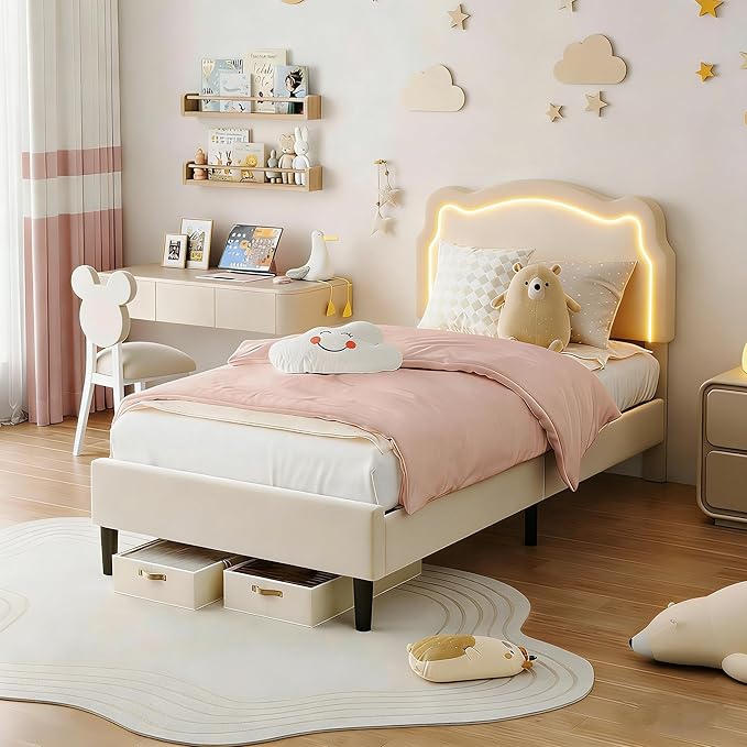 GarveeHome Twin Upholstered Smart LED Bed Frame with Headboard, Velvet Princess Platform Bed Frame for Kids, Wooden Slats Support, No Box Spring Needed (Off-White)
