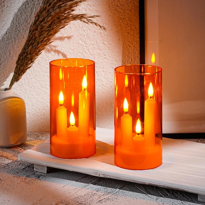 Da by Flameless Candle, Battery-Powered Candle with Remote Control and Timer, LED Three-Wick Pillar Candle, Romantic Wedding, Perfect Home Décor, 2 Pack (Orange)